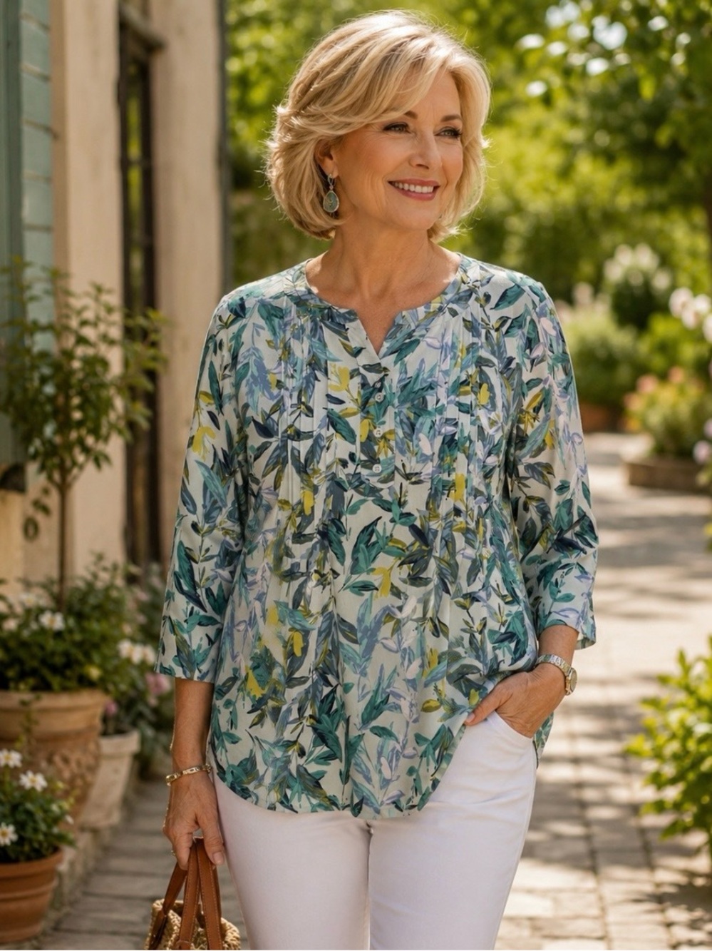 N Touch Watercolor Botanical Pintuck Pleated 3/4 Sleeve Pullover Top Sz M Resort